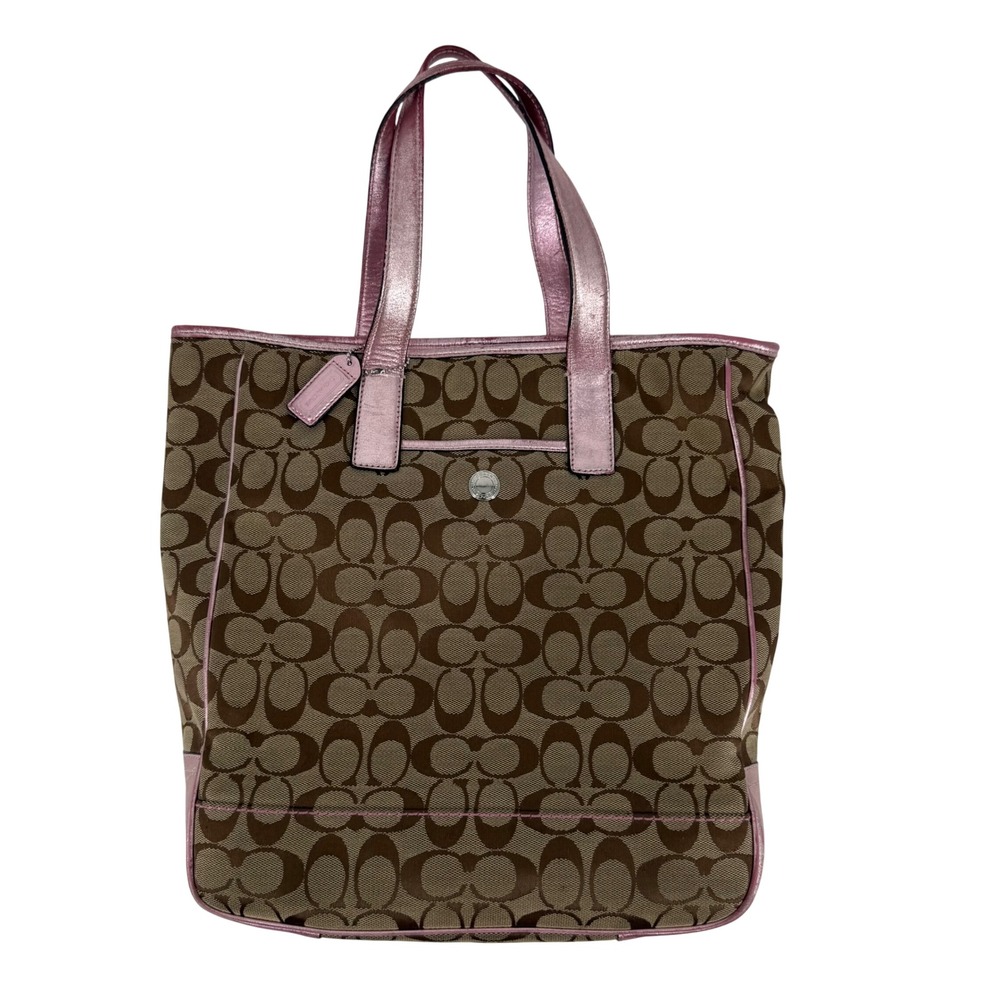 Vintage Coach Signature Jacquard Metallic Pink Leather Trim Tote Bag M04K-7069